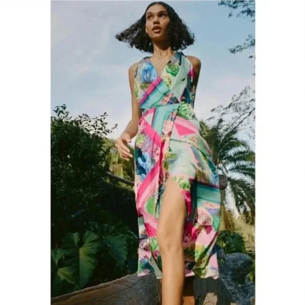 Zara Satin Effect Tropical Scarf Print Midi Dress
